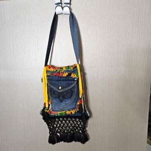 Denim boho shoulder bag purse African Kente trim
